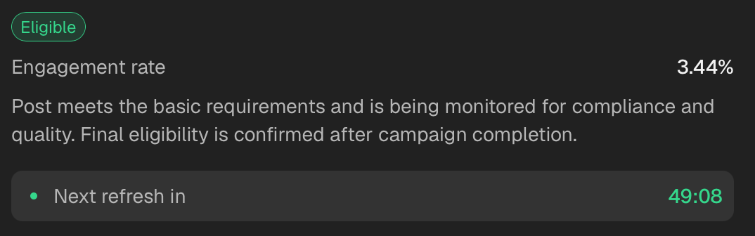 Next refresh time on a submission in My Activity → Submissions